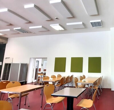 Akustik-Deckensegel Basotect® weiß eckig mit Dekorkante 50x100 cm 8 cm Edelstahl-Abhängung höhenverstellbar