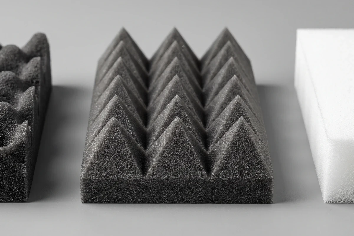 Verschiedene Akustikplatten wie Noppen- und Pyramidenschaum nebeneinander