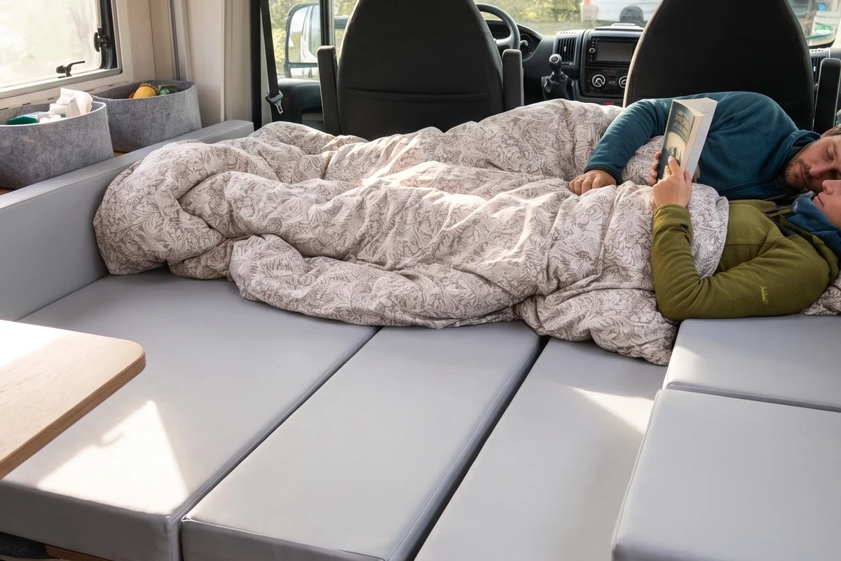Sitzbank im Camper wird zur ebenen Liegefläche umgebaut