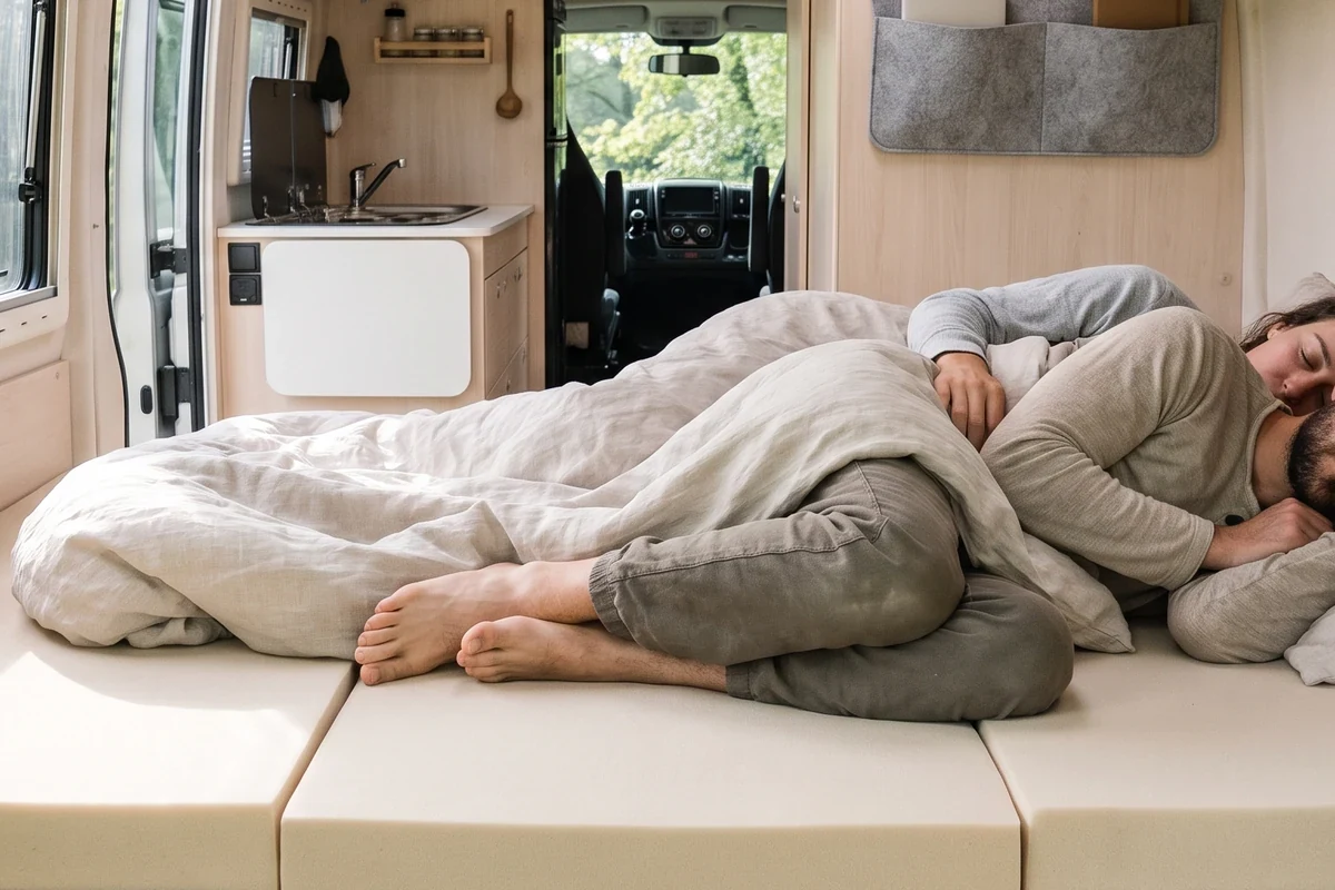 Erholte Person wacht im gemütlichen Wohnmobilbett auf