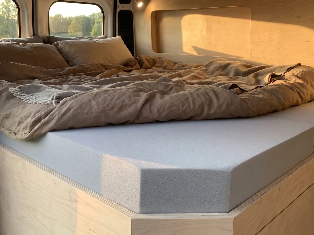 Ausgeschlafener Camper öffnet morgens die Tür seines Wohnmobils mit gemütlichem Bett