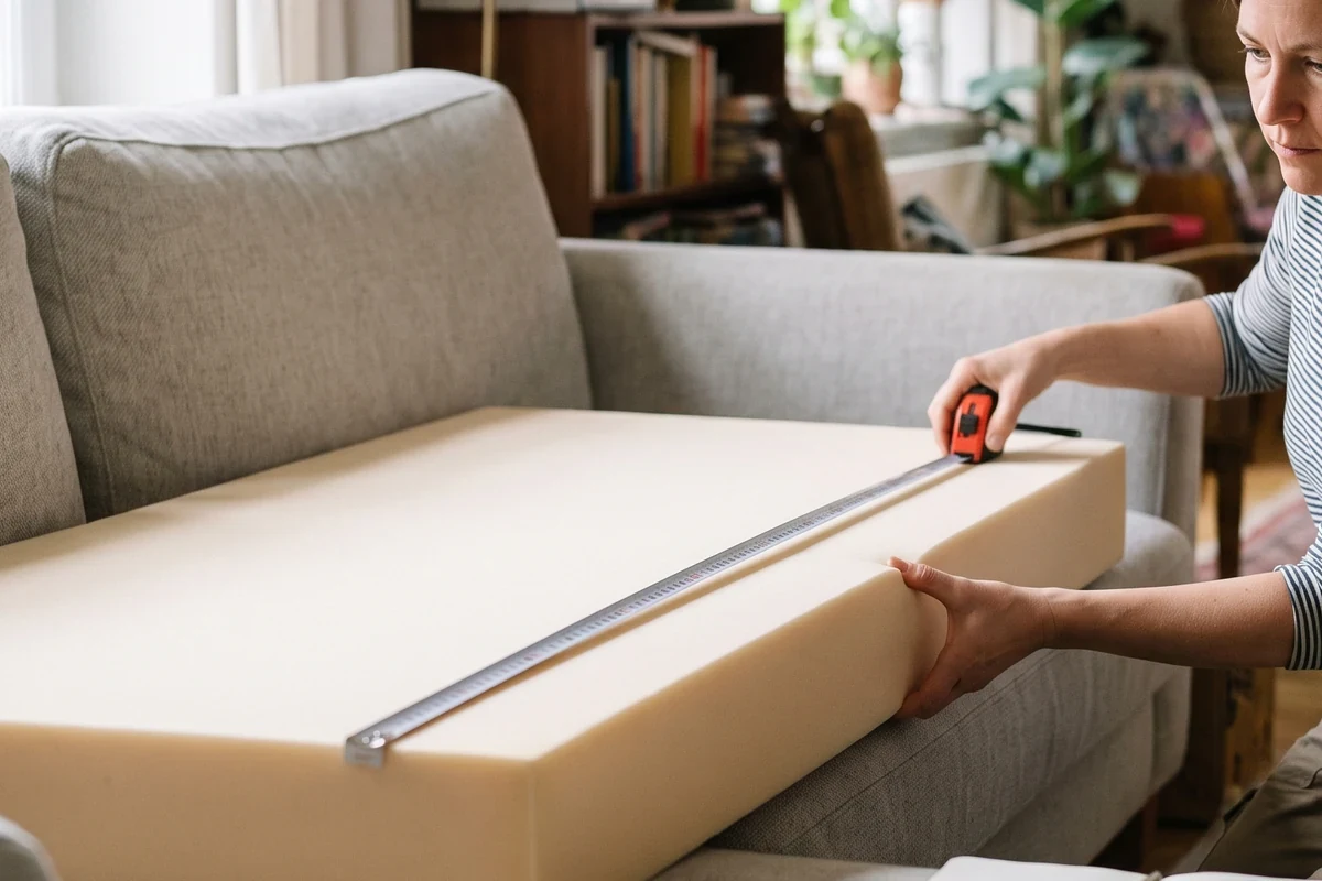 Neues, festes Sitzpolster auf einem aufgearbeiteten Sofa