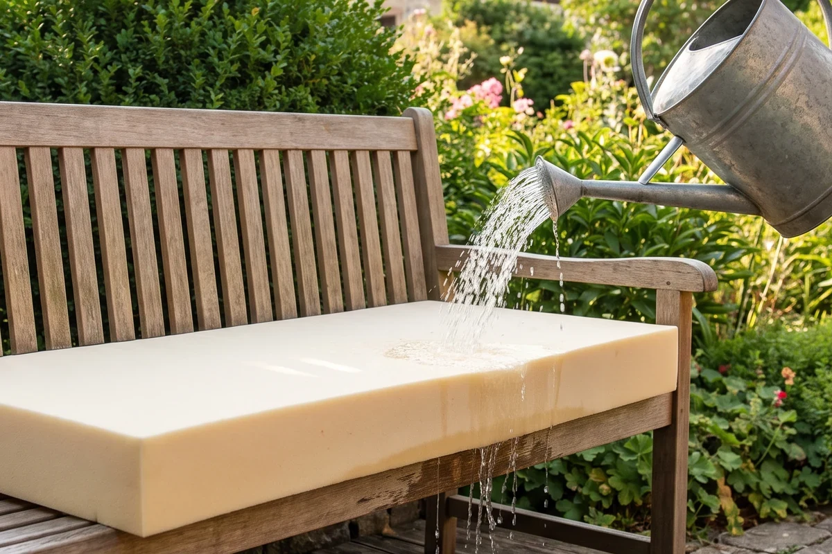 Trockene Outdoor-Auflage auf einer Gartenlounge nach dem Regen