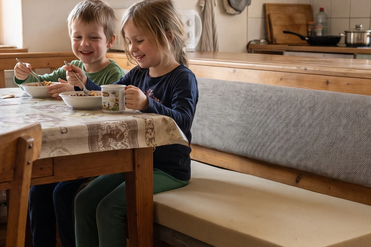 Familie am Frühstückstisch auf robuster Sitzbank mit Polsterauflage