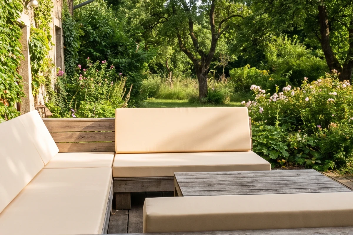 Garten-Lounge mit hellen Outdoor-Polsterauflagen