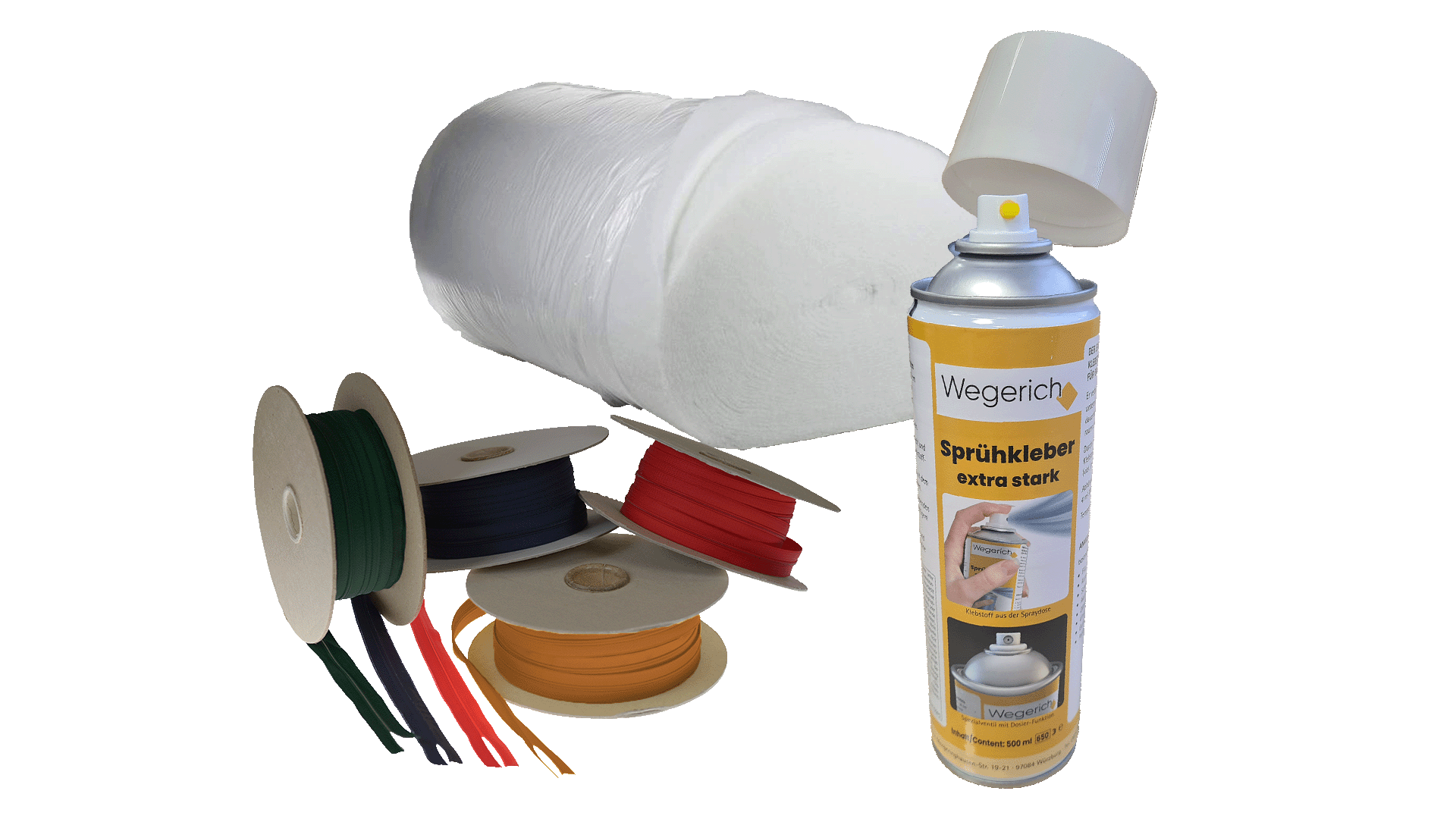 Schaumstoff Zubehör – Sprühkleber, Polsterwatte, Klettband